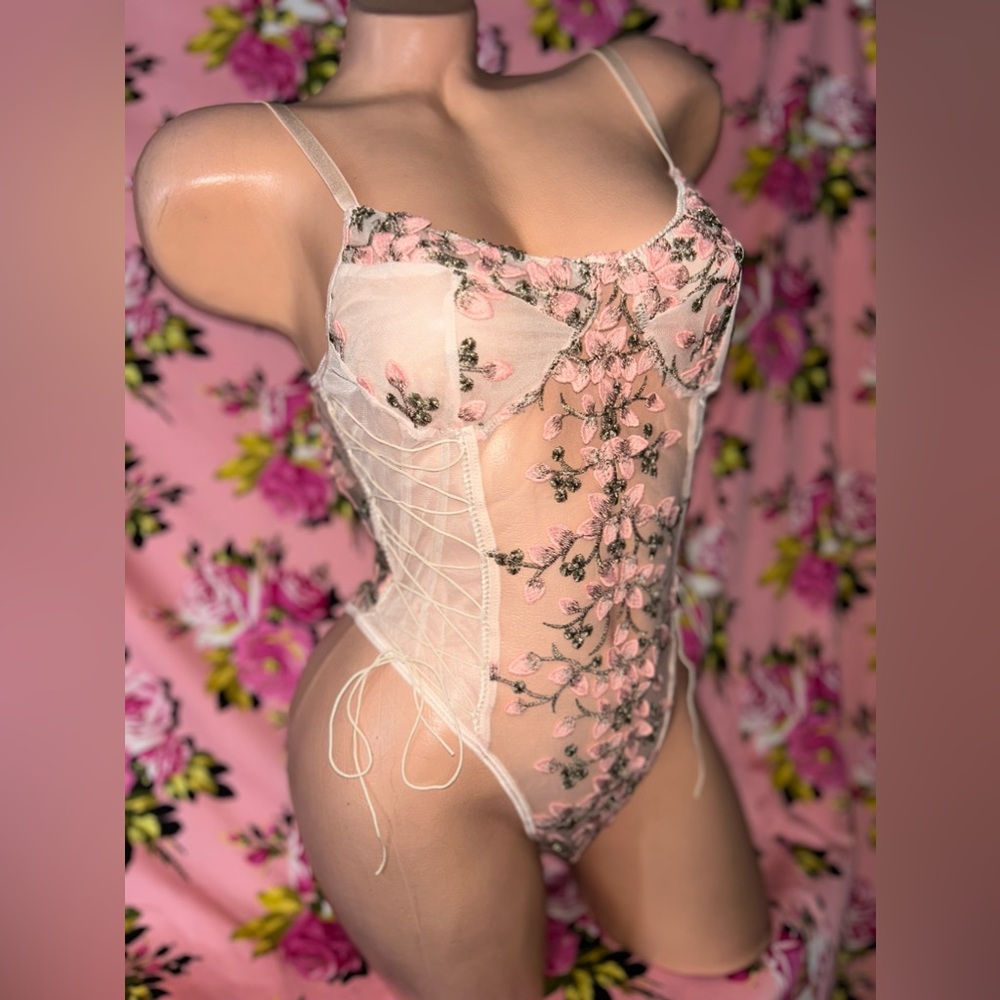 Pink floral corset lace up bodysuit romper teddy bachelorette wedding gift C3 - Picture 2 of 10